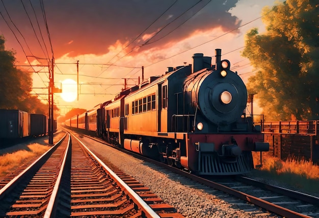 a train is on the tracks with the sun setting behind it