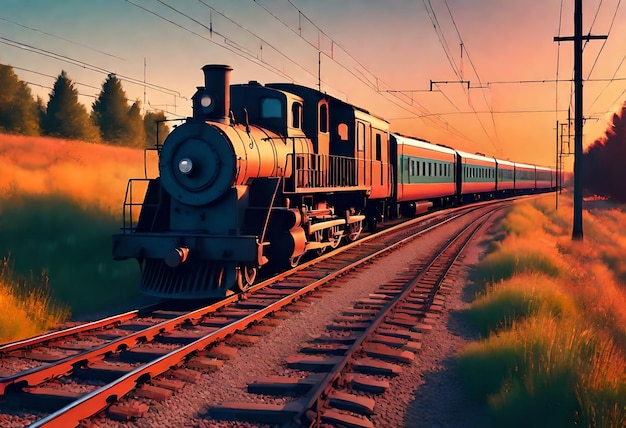 a train is on the tracks with a sunset in the background