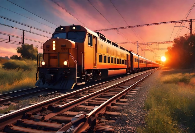 a train is on the tracks with a sunset in the background