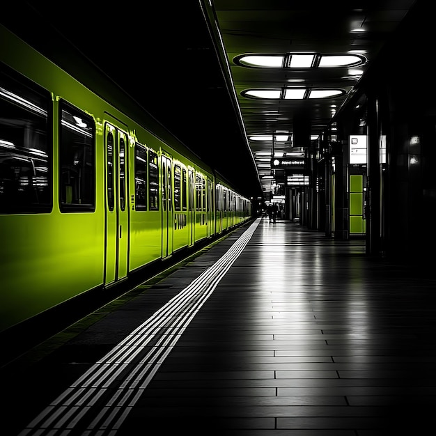 a train is in a train station with a green wall