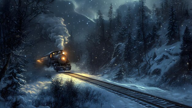 Photo a train is traveling down a snowy track with a snowy scene in the background