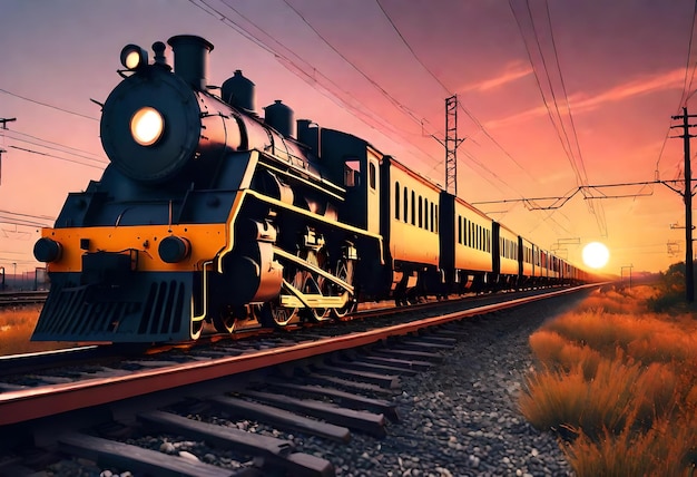 a train is traveling down the tracks with a sunset in the background