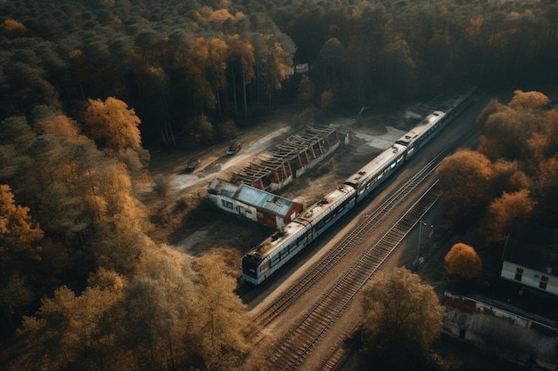 A train is traveling through a forest with a lot of trees and a building in the background.