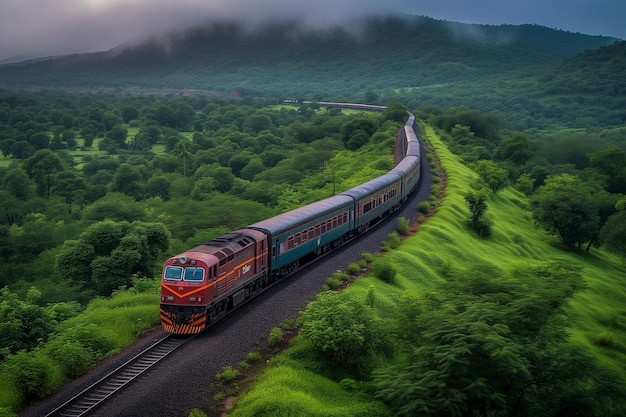 a train is traveling through a lush green forest