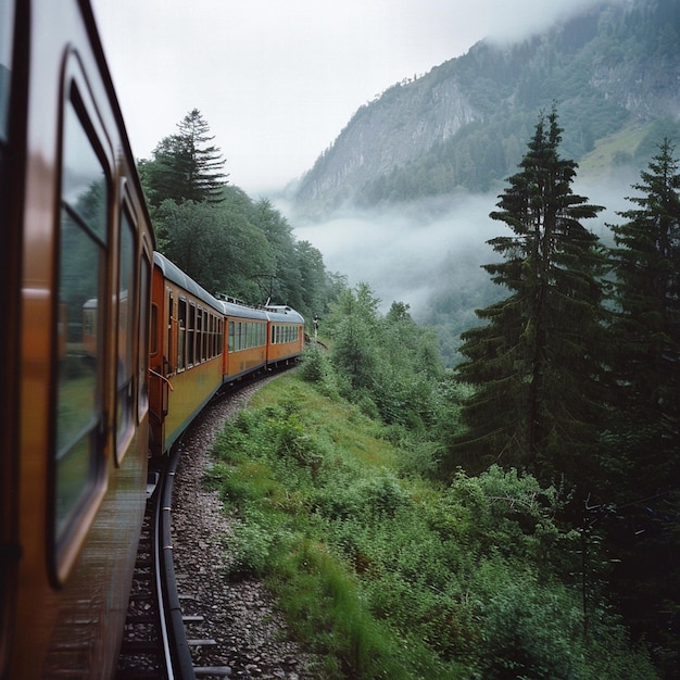 Photo a train is traveling through a mountain valley