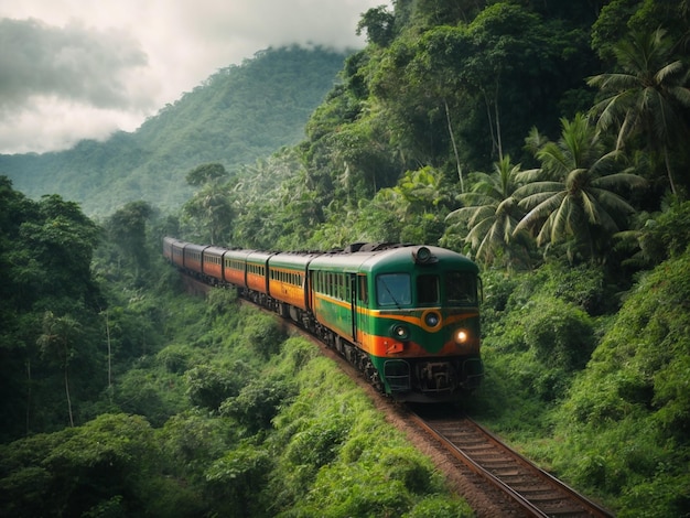 Train journey through magical forests in an imaginary tropical paradise