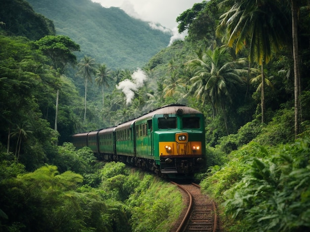 Train journey through magical forests in an imaginary tropical paradise