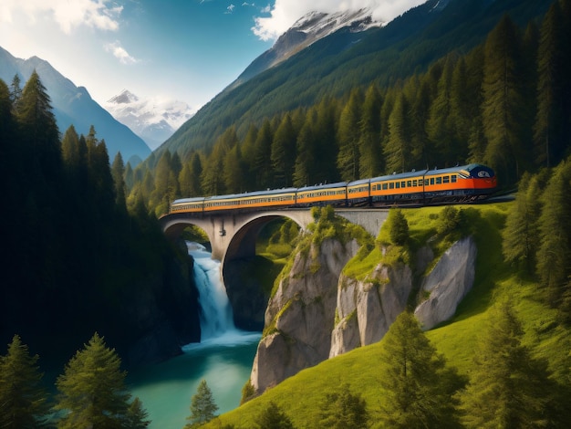 A train on a mountain with a waterfall in the background