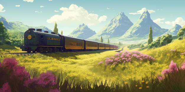 A train passes through a field of flowers and mountains.