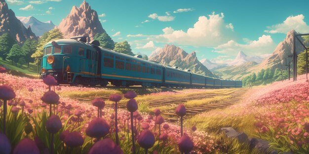 A train passes through a flower field with a blue train passing by.