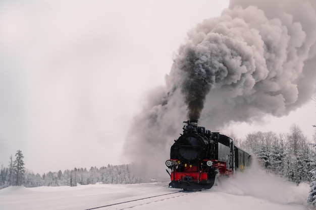 A train passing through the snow in the winter season