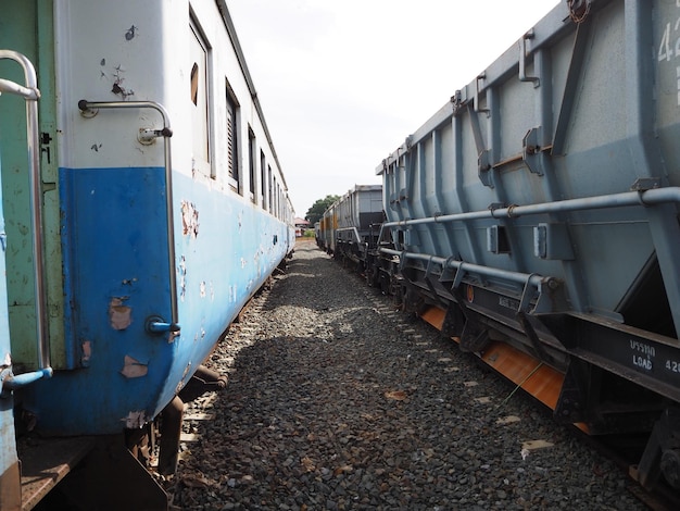 Train on railroad track against sky