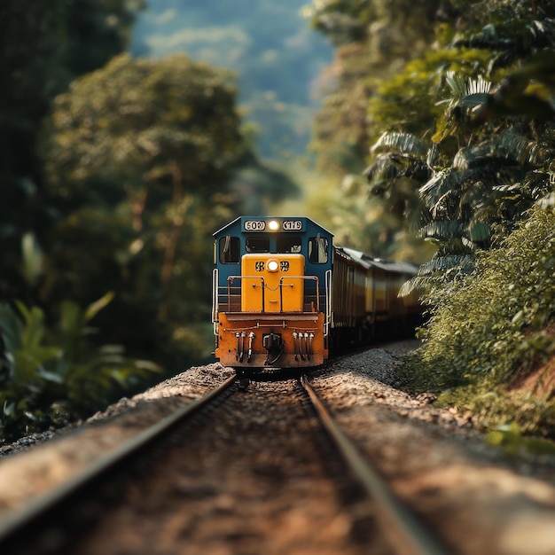 Photo train on the railway in the jungle travel and tourism concept