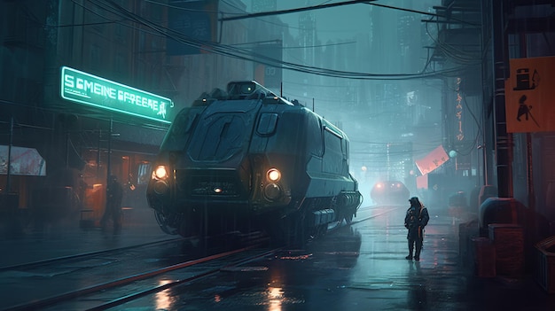 A train in the rain with a green sign that says'cyberpunk '