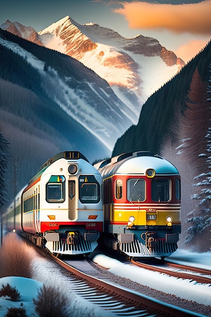 Train riding on tracks through the mountains Swiss locomotive in the Alps Train cars landscape