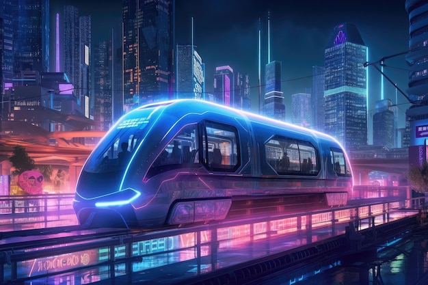 Train running through futuristic city at night with neon signs and holographic ads in the background created with generative ai