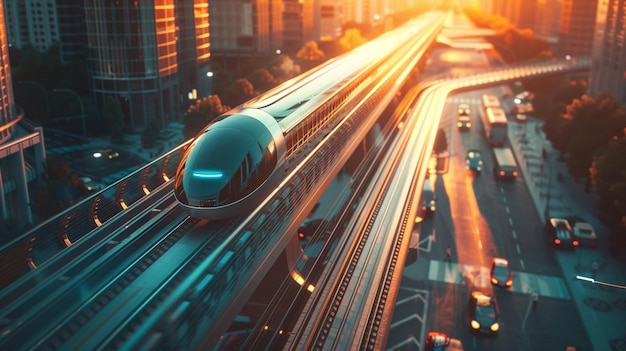 Photo a train runs along a highway with a sunset in the background