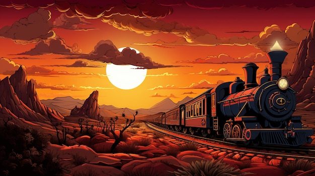 A train runs through the desert.