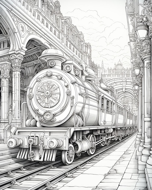 Photo train in station coloring page style