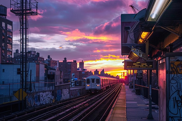 A train station at sunset