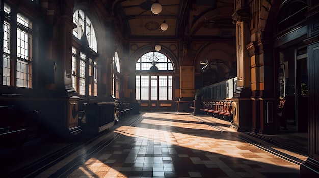 A train station with a large window