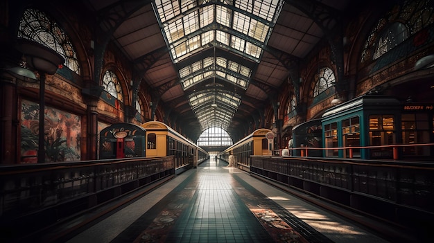 A train station with a light on the ceiling