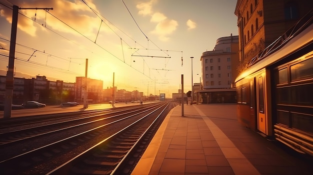 A train station with a sunset in the background