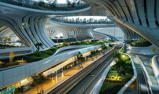 Photo a train station with a train going through the trees