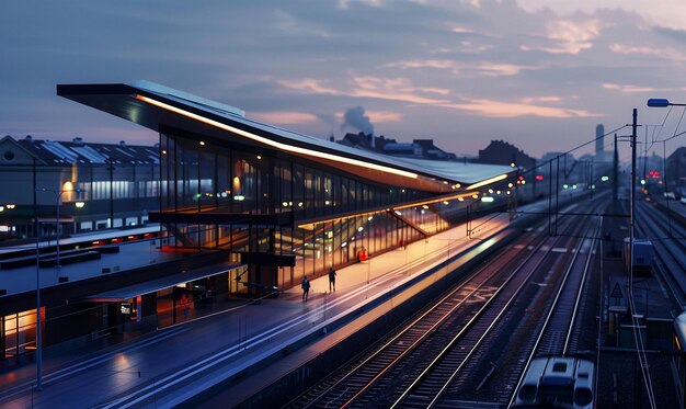 a train station with a train on the tracks and a building with a sky background