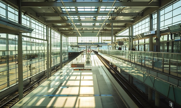 Photo a train station with a train on the tracks and a window that says  the word  on the bottom