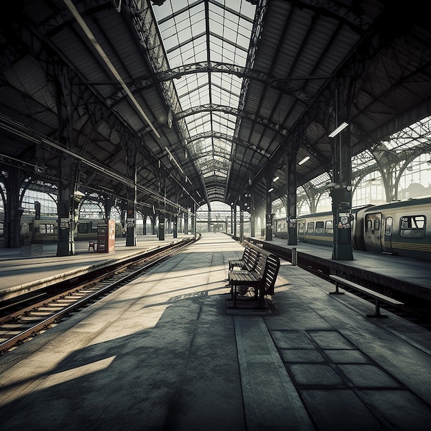 A train station with a train and a train in the background.