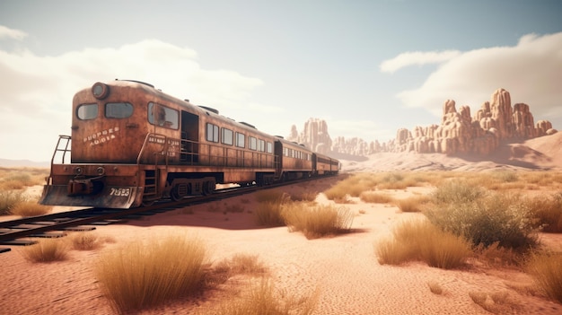 A train that is in a desert with the word " train " on the side.