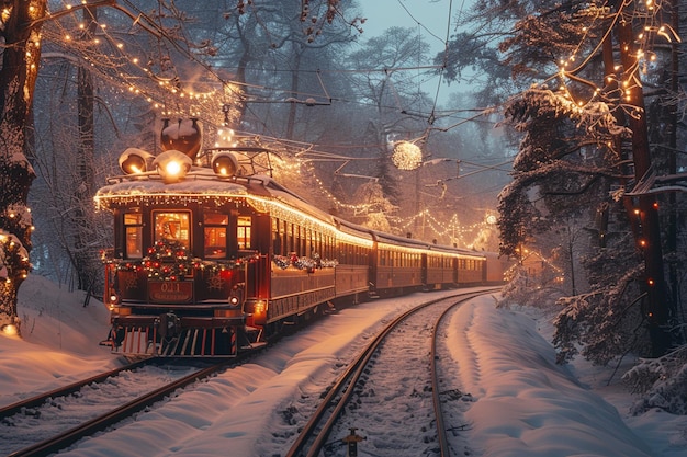 a train that is going down the tracks with a christmas tree in the background