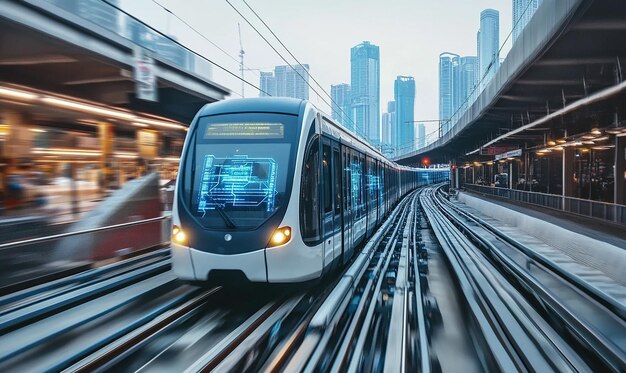 a train that is going down the tracks with a city in the background