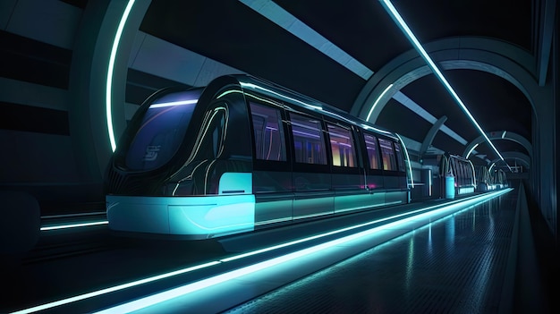 A train that is lit up with neon lights