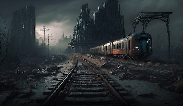 A train on a track in a dark environment with a ruined building in the background.