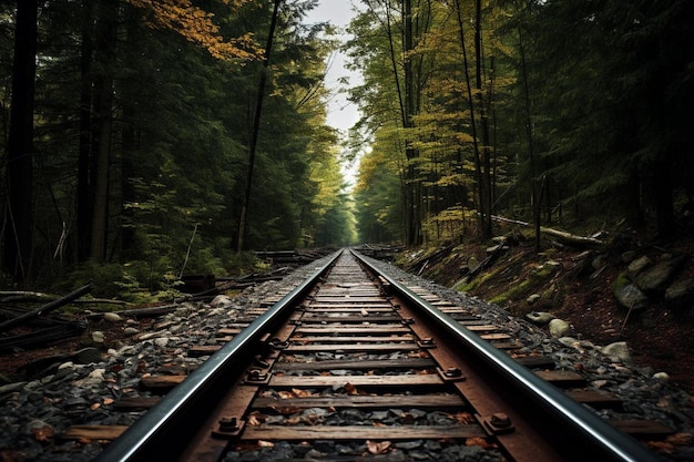 a train track in the middle of a forest