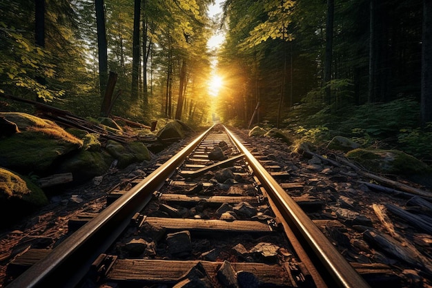 a train track in the middle of a forest