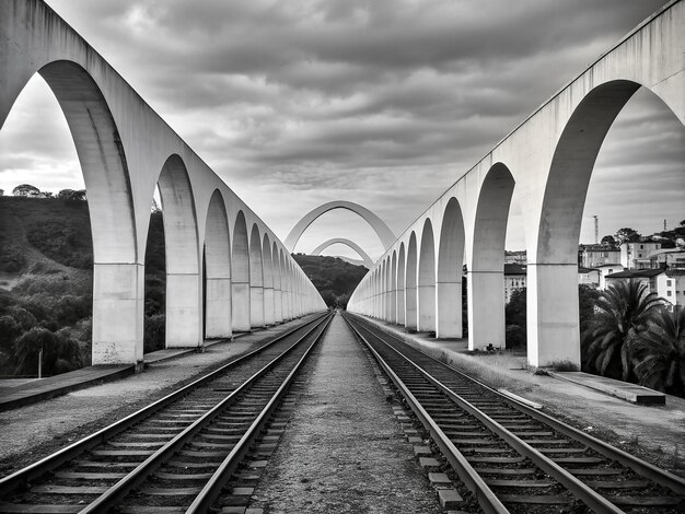 Photo a train track with a bridge over it and a train going under it