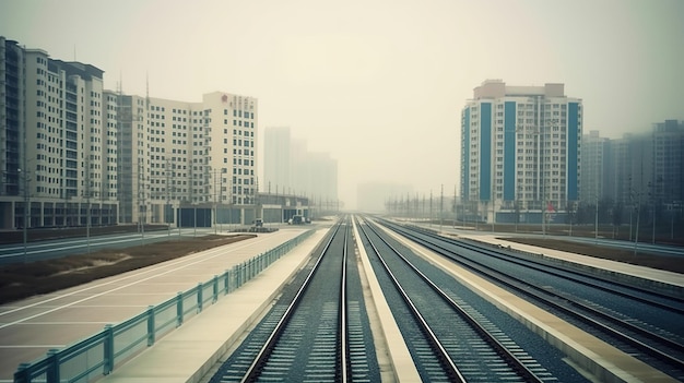 A train track with a building in the background