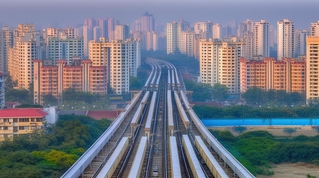 A train track with a city in the background