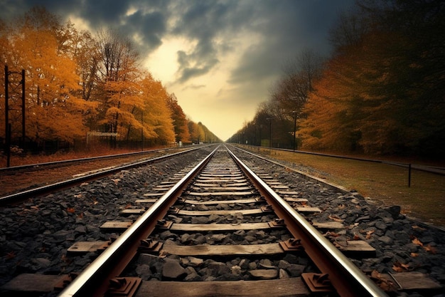 a train track with a cloudy sky in the background