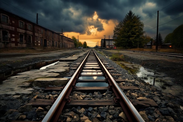 a train track with a cloudy sky in the background