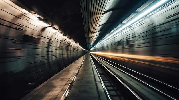 A train track with lights on and a blurry image of a tunnel with a train going through it.