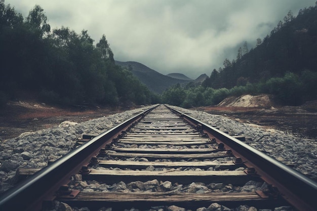 a train track with a mountain in the background