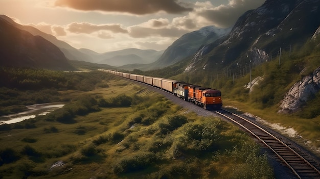 A train on a track with a mountain in the background