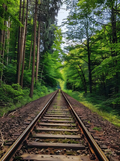 Photo a train track with a person in the distance and a blue object in the distance