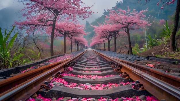 a train track with pink flowers on it and a wooden rail track