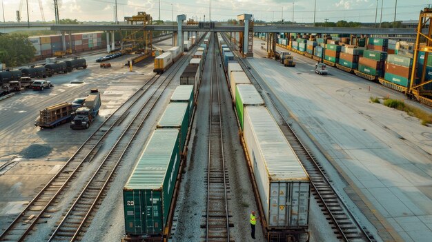 Photo a train track with several shipping containers on it and a man walking on the side of it