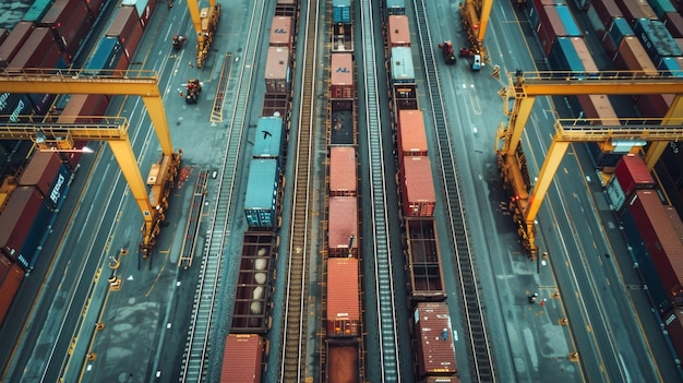 a train track with shipping containers and one with a red one that says shipping containers